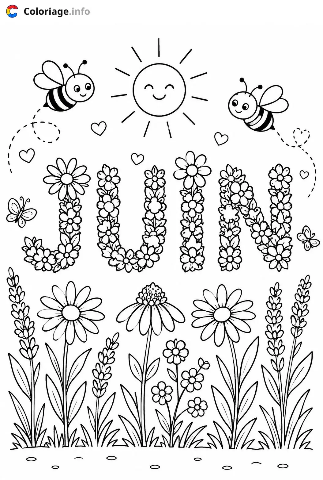Coloriage juin abeille soleil fleurs jardin - Juin à imprimer