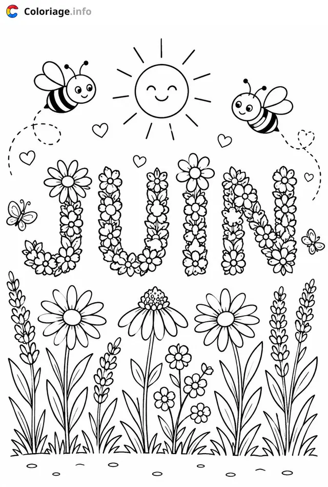 Coloriage juin abeille soleil fleurs jardin - Juin à imprimer