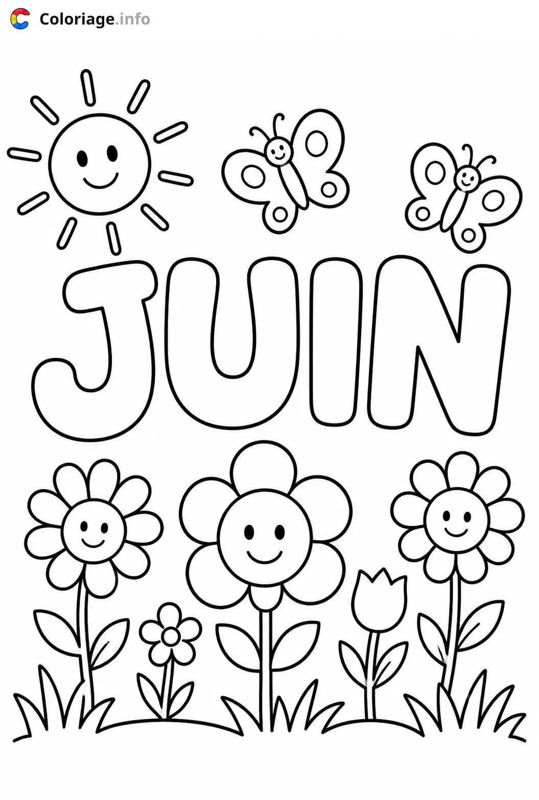 Coloriage Juin avec fleurs souriantes - Juin à imprimer