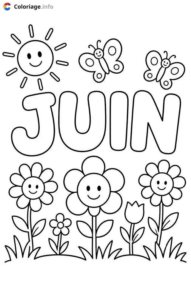 Coloriage Juin avec fleurs souriantes - Juin à imprimer