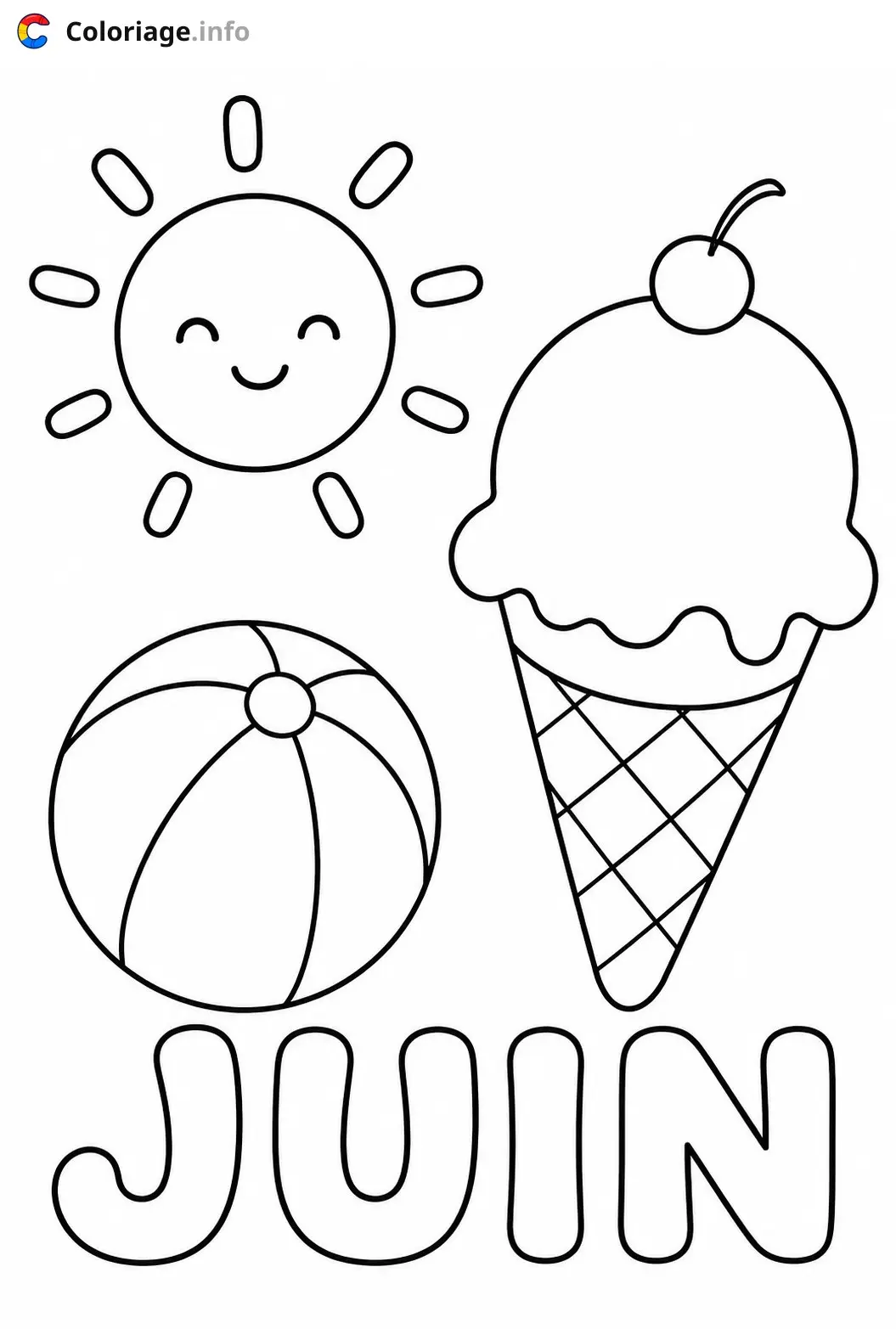 Coloriage Juin avec soleil glace et plage - Juin à imprimer
