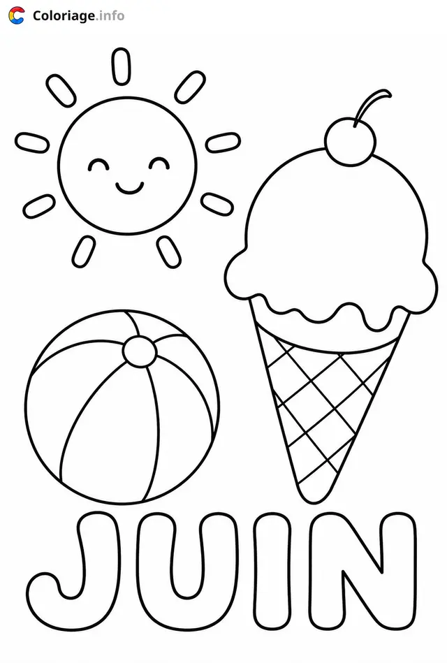 Coloriage Juin avec soleil glace et plage - Juin à imprimer