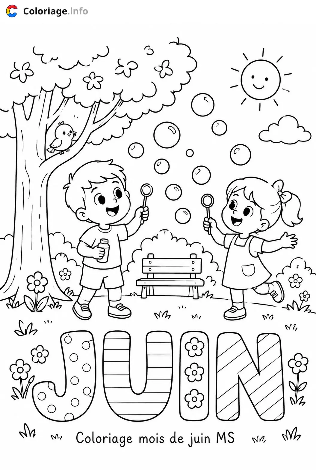 Coloriage juin Enfants jouant aux bulles de savon - Juin à imprimer