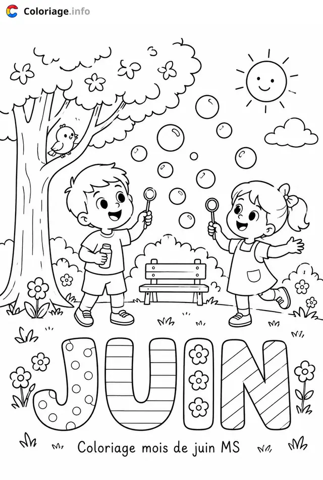Coloriage juin Enfants jouant aux bulles de savon - Juin à imprimer