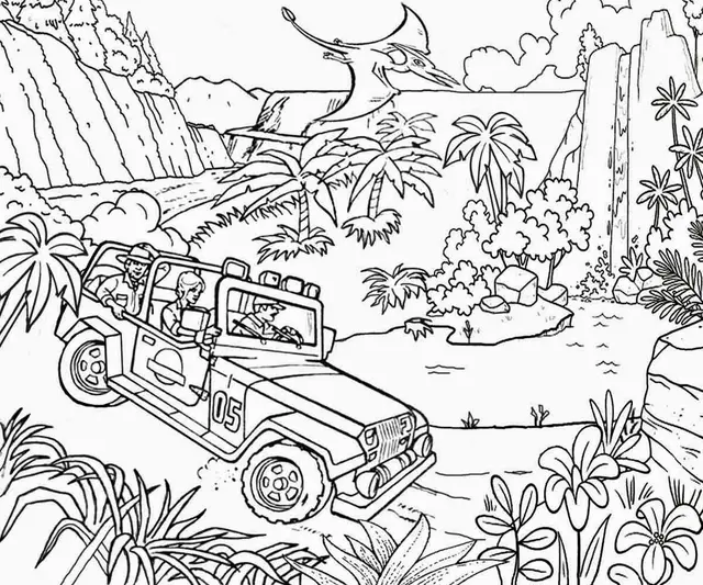 Coloriage Jungle Jeep Car Jurassic Park - Jurassic World Park à imprimer