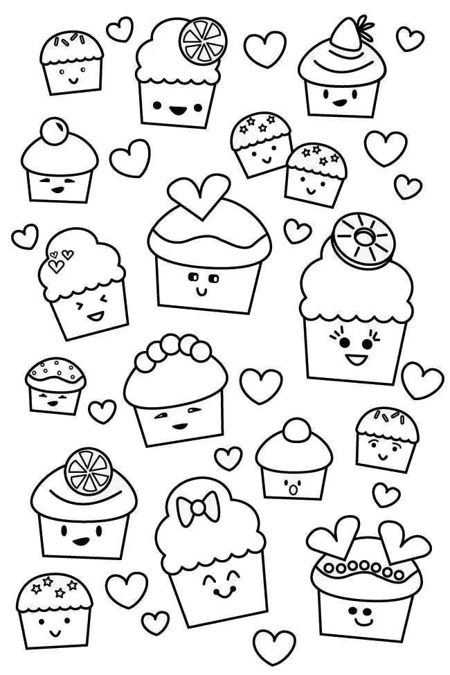 Kleurplaat Kawaii Cupcake Muffins om te printen