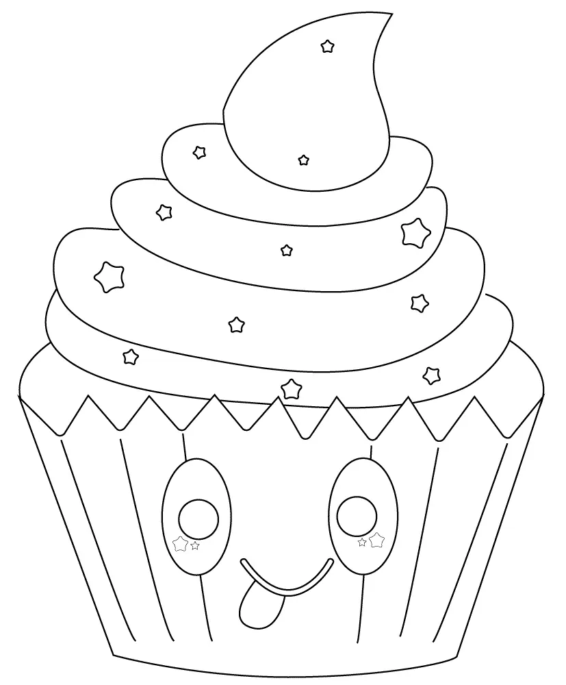 Kleurplaat Kawaii Cupcake met Sterren om te printen