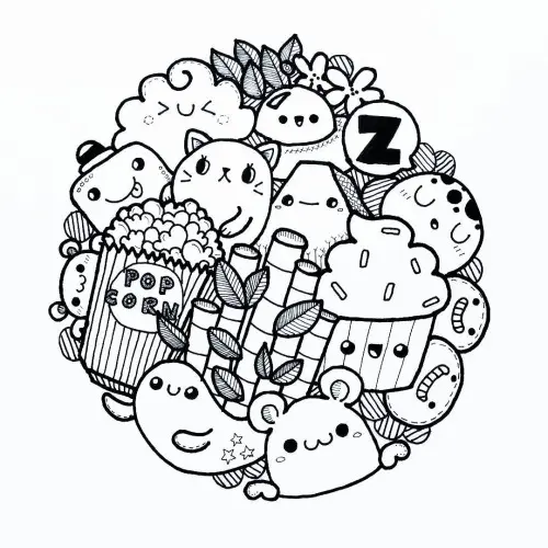 Kleurplaat Kawaii eten met schattige dierengezichijes om te printen