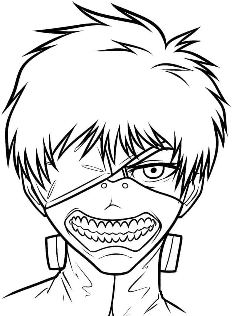 Ausmalbild Ken Kaneki mit einer künstlichen Einäugigen Ghul-Maske zum Ausdrucken