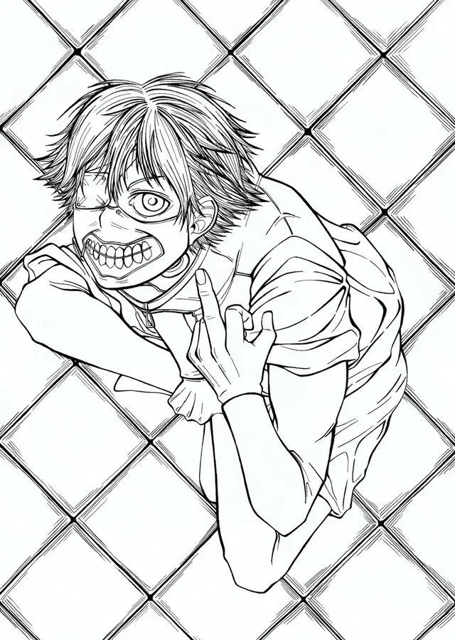 Desenho de Ken Kaneki com Máscara Tokyo Ghoul para colorir