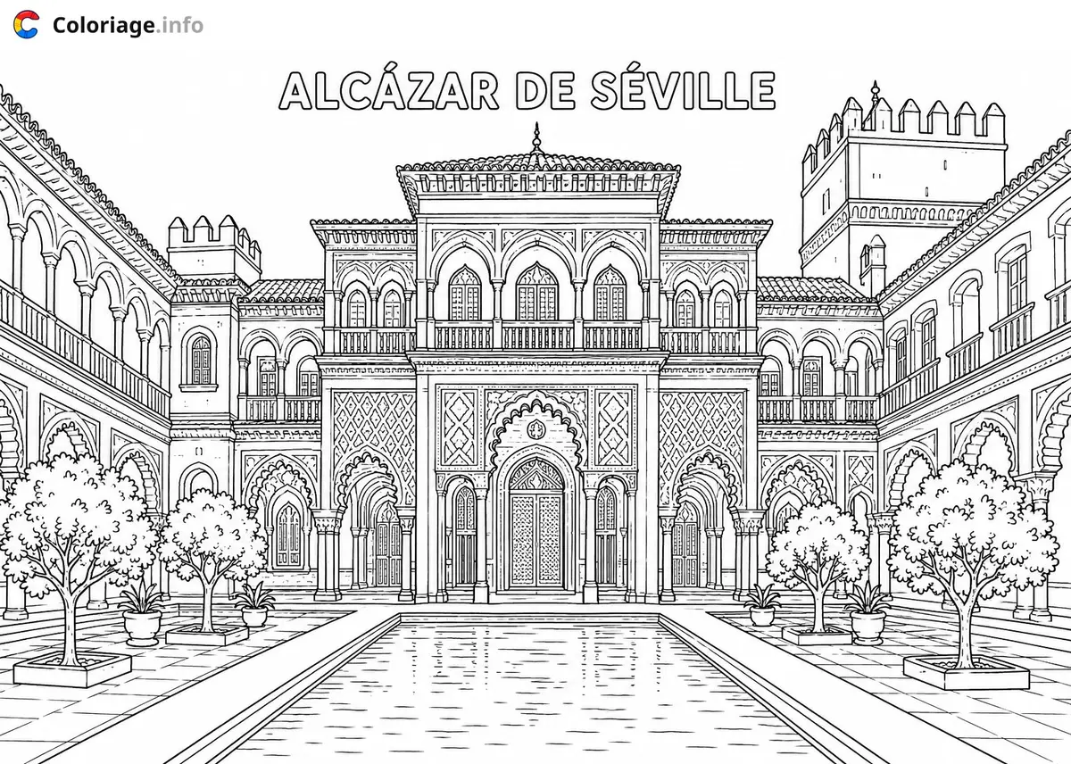 Ausmalbild Der Alcázar von Sevilla, Spanien zum Ausdrucken