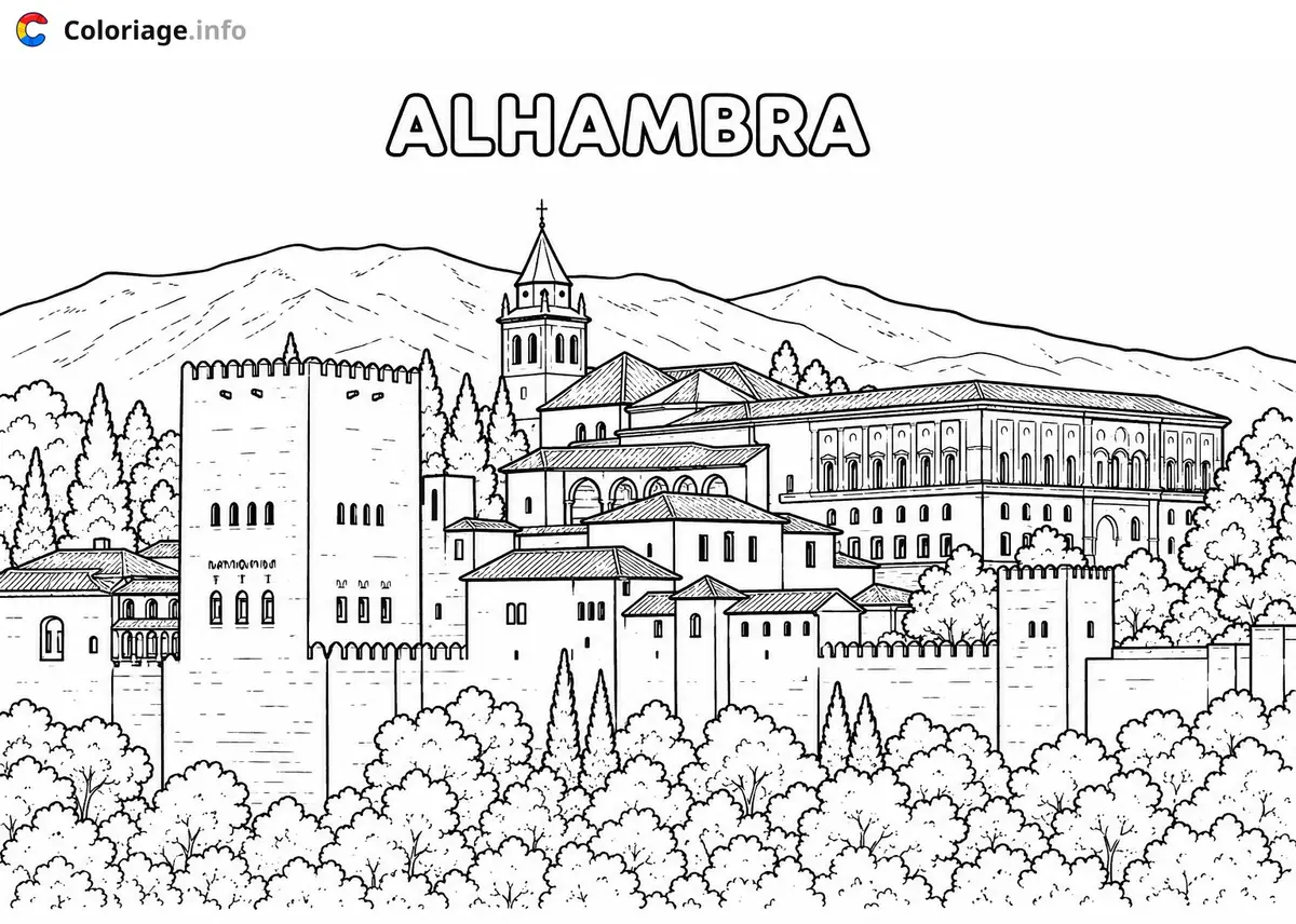 Ausmalbild Die Alhambra von Granada, Spanien zum Ausdrucken