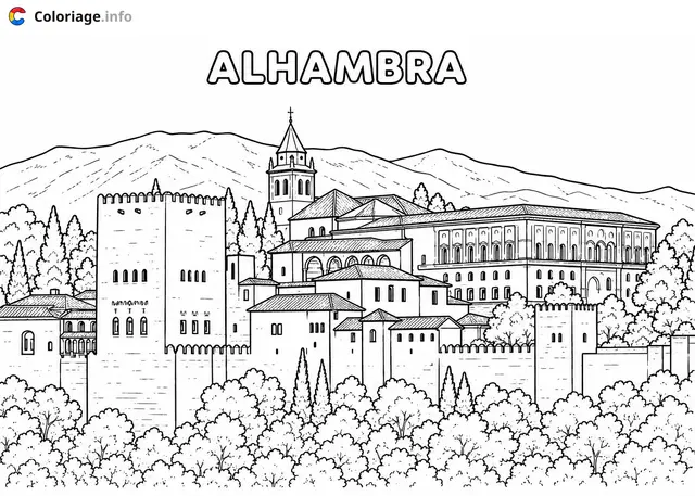 Coloriage L'Alhambra de Grenade Espagne - Monuments à imprimer