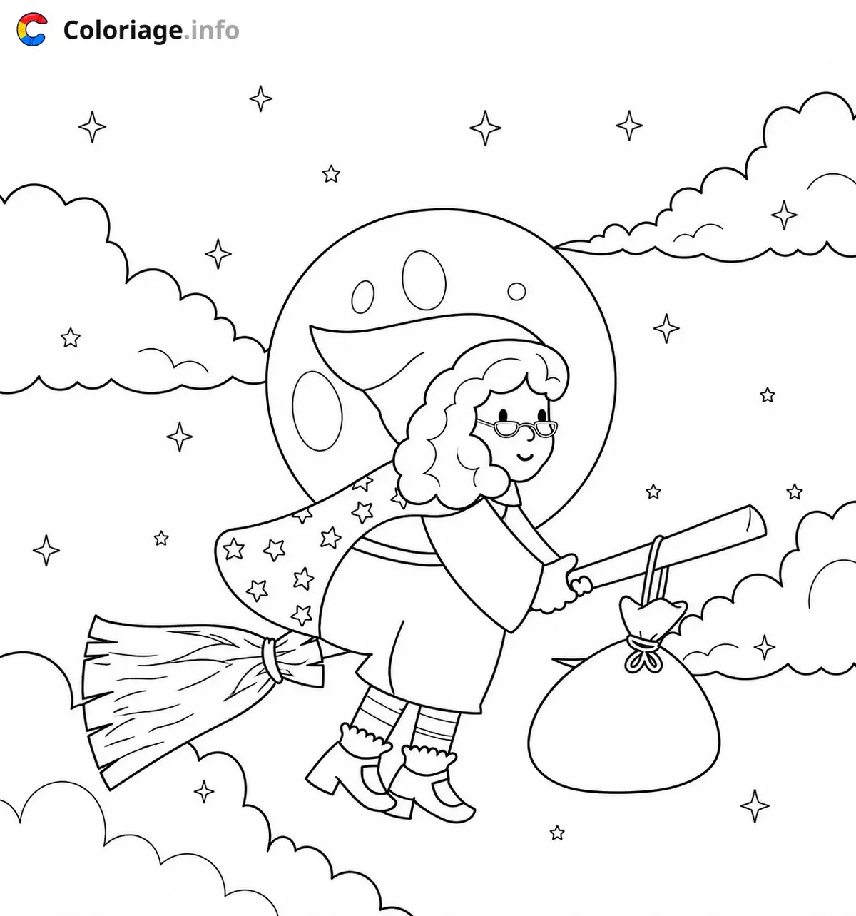 Ausmalbild La Befana – Die Hexe in den Wolken zum Ausdrucken