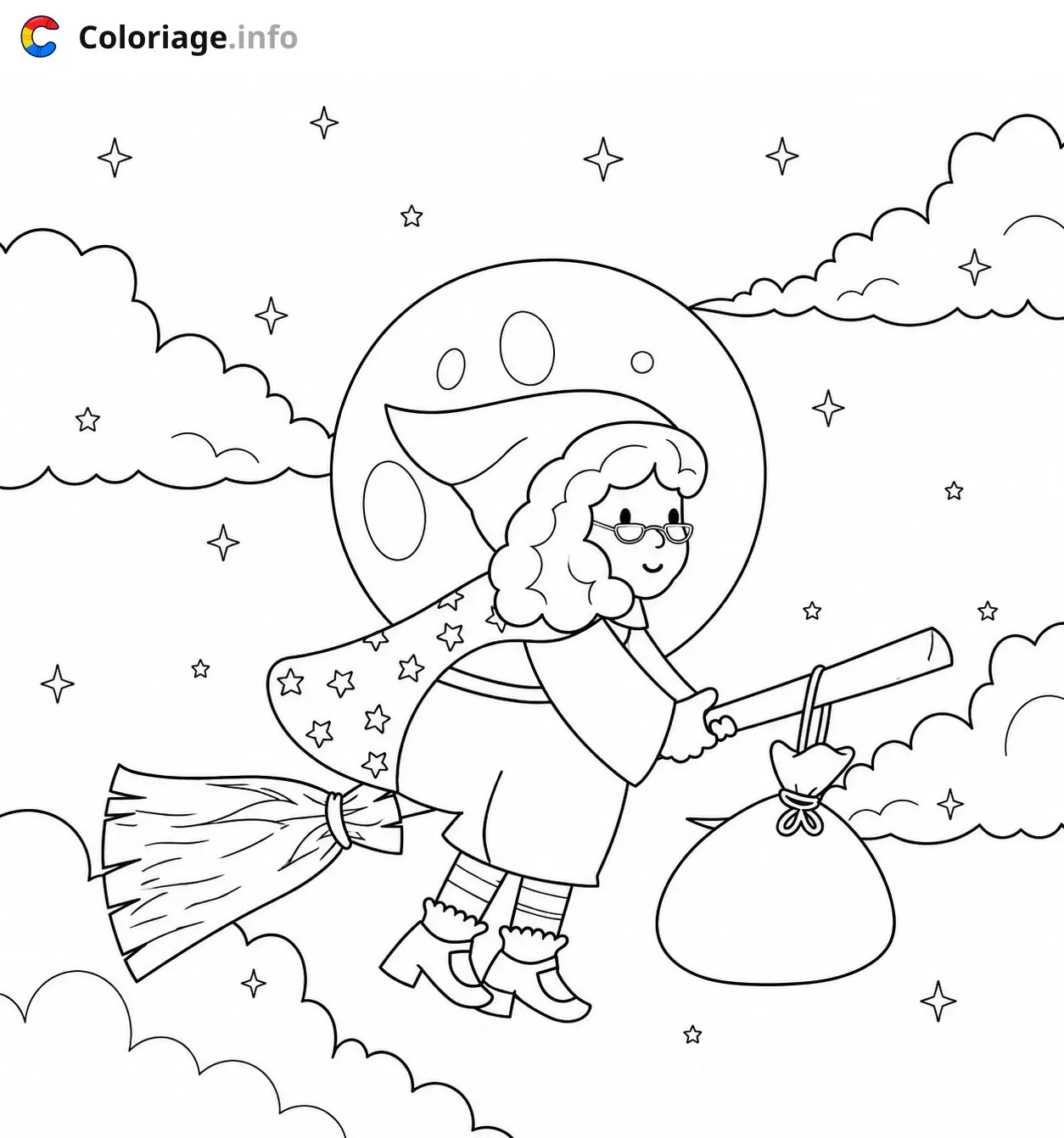 Disegno di La Befana tra le nuvole – La Befana – da stampare