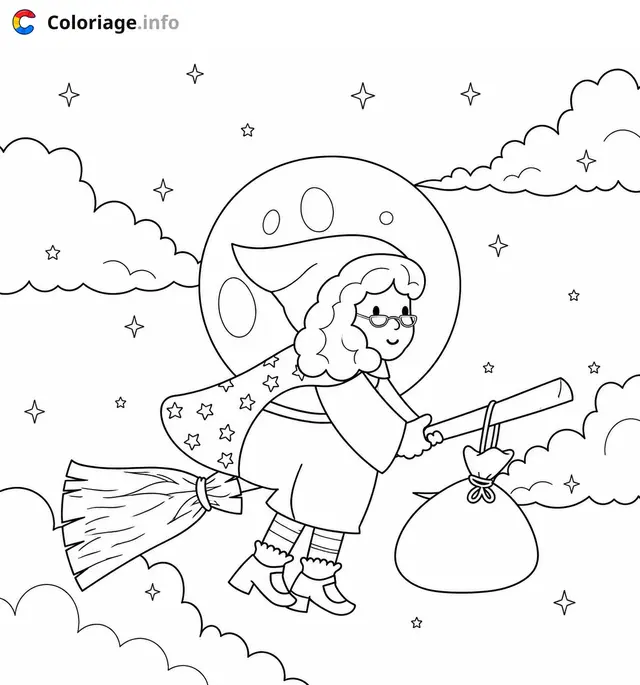 Desenho de A Befana, a Bruxa nas Nuvens para colorir