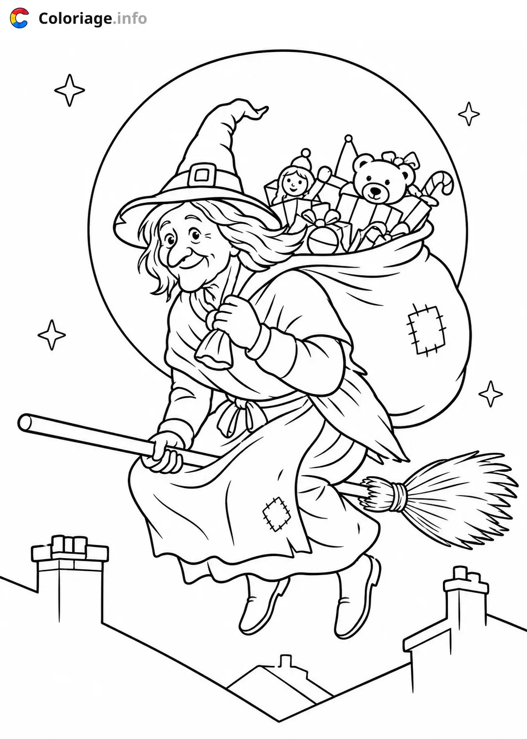 Disegno di La Befana, la strega e i suoi giocattoli magici – La Befana – da stampare