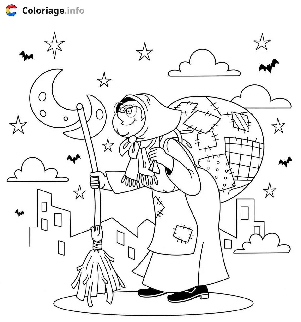 Disegno di La Befana con la sua scopa magica – La Befana – da stampare