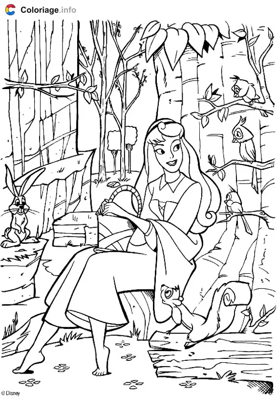 Coloriage La belle au bois dormant avec des animaux - La Belle au bois dormant à imprimer