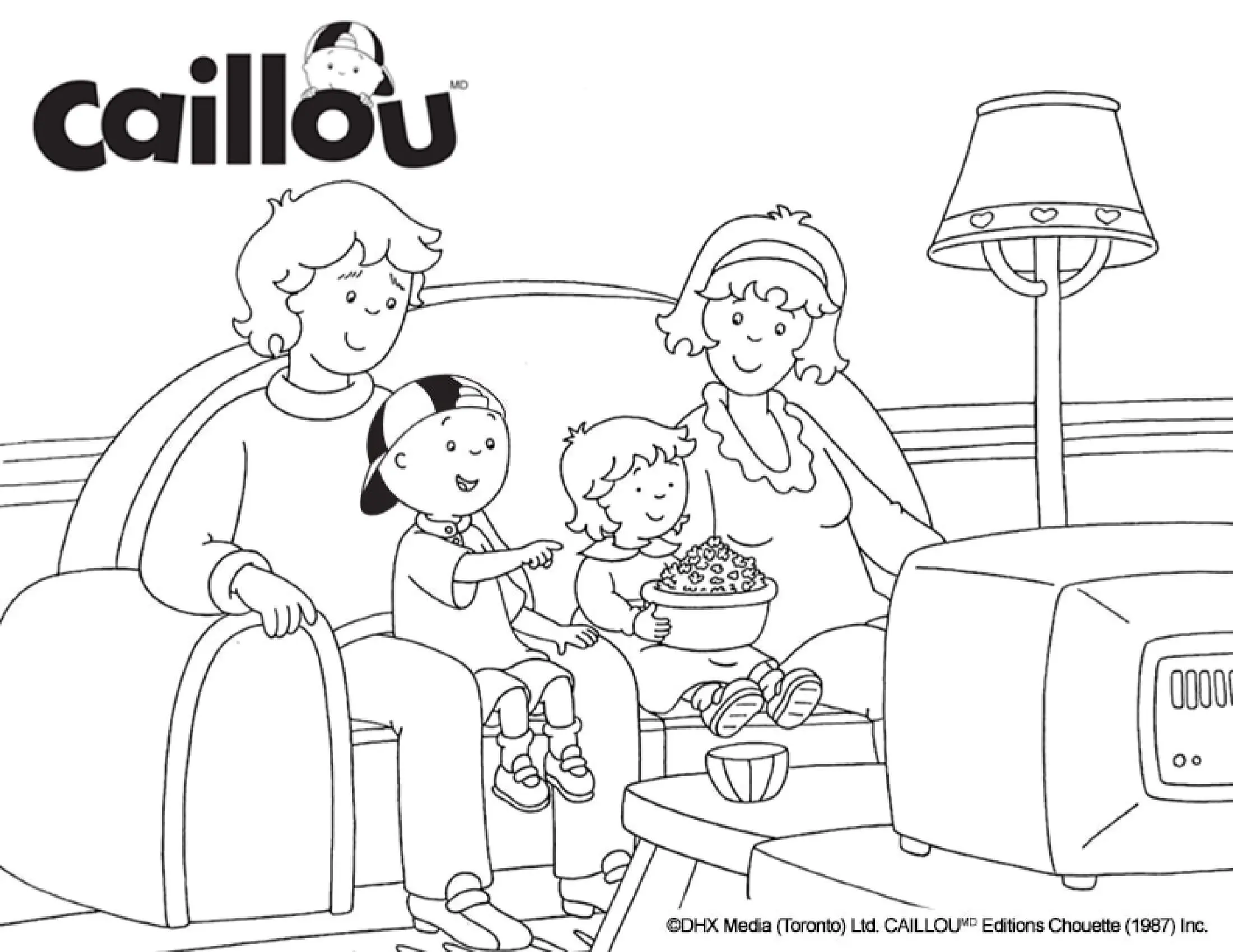 Coloriage La Famille Caillou Regarde Un Film A La Television - Caillou à imprimer