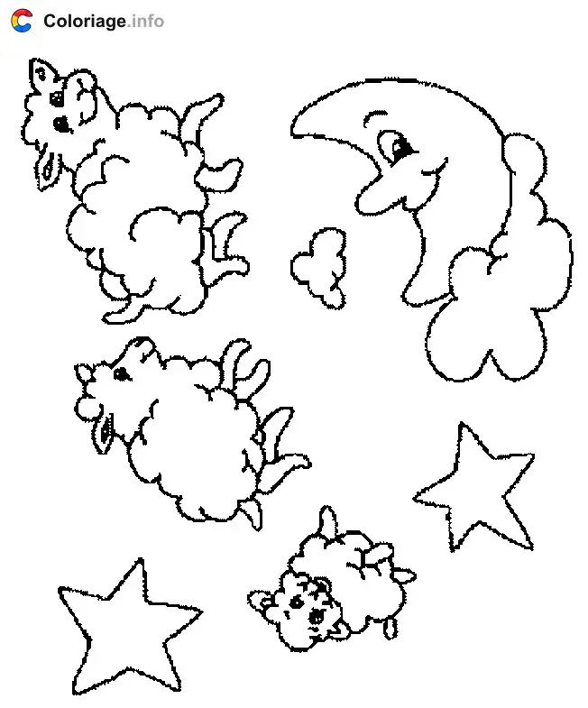 Moon with Stars and Counting Sheep coloring page to print