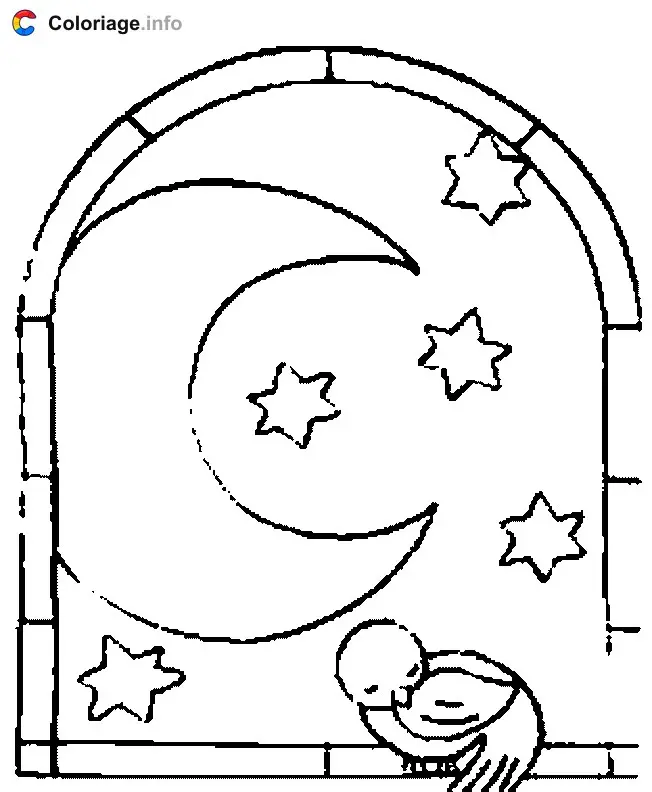 Moon and Stars Through a Window coloring page to print
