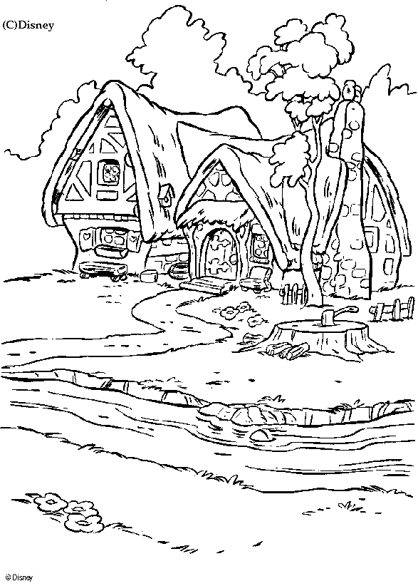 Ausmalbild Das Haus der sieben Zwerge – Schneewittchen zum Ausdrucken