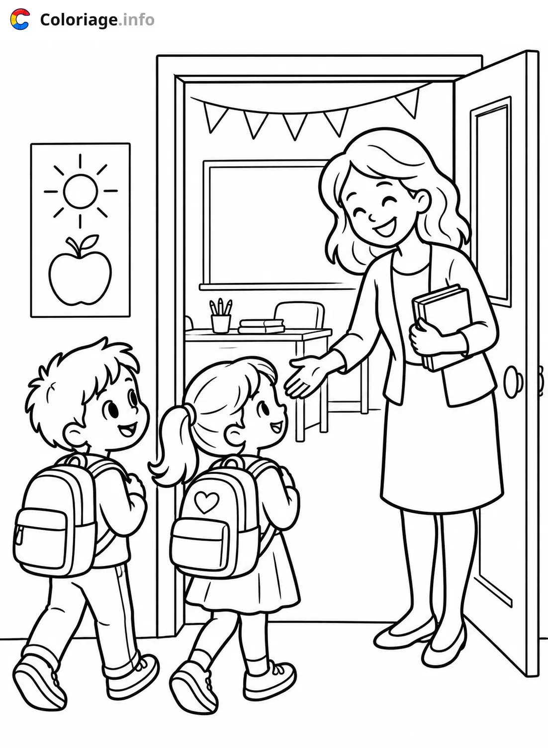 Coloriage La maîtresse accueille ses élèves à imprimer