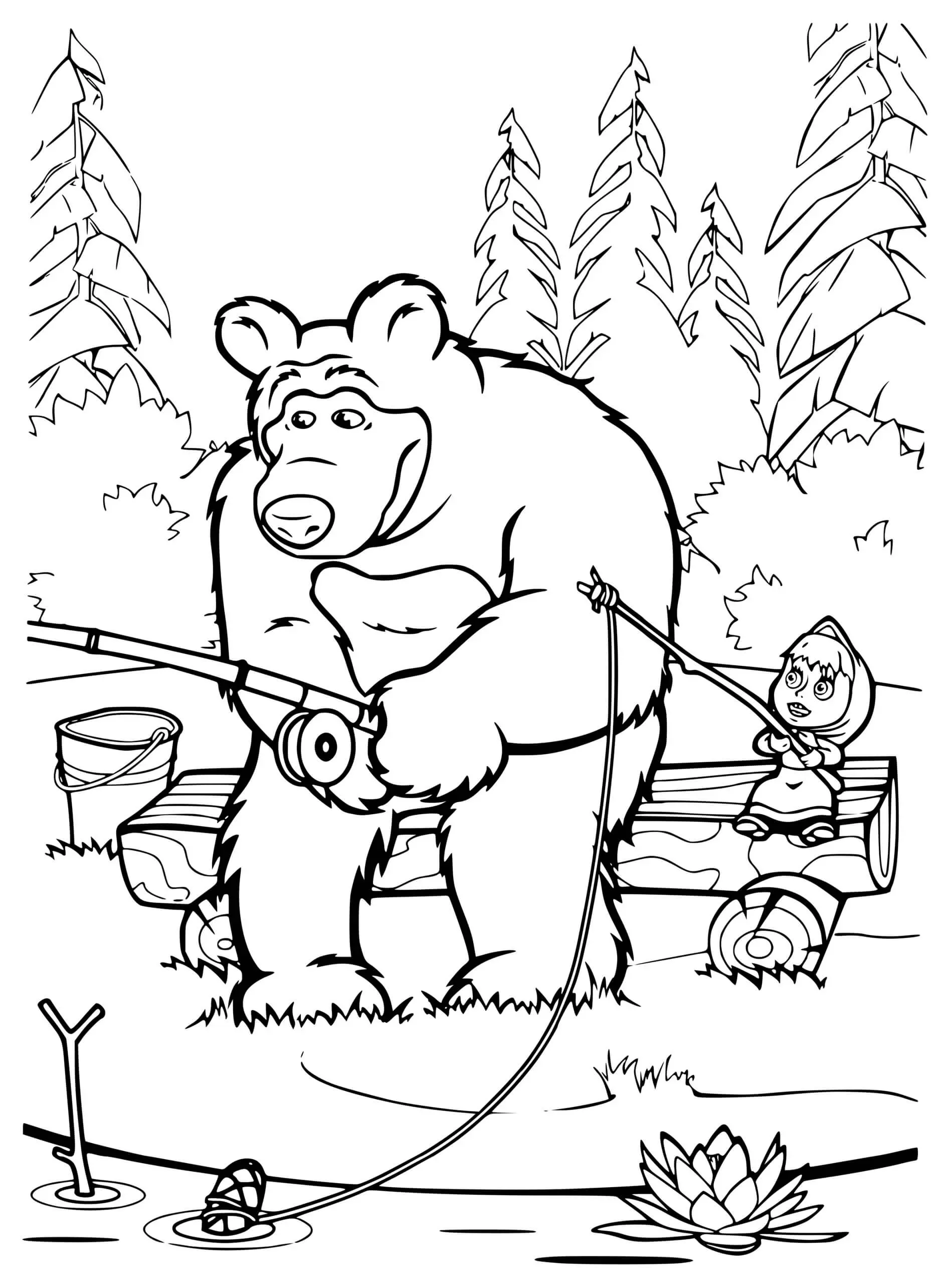 Coloriage La Pêche En Plein Forêt - Masha et michka à imprimer