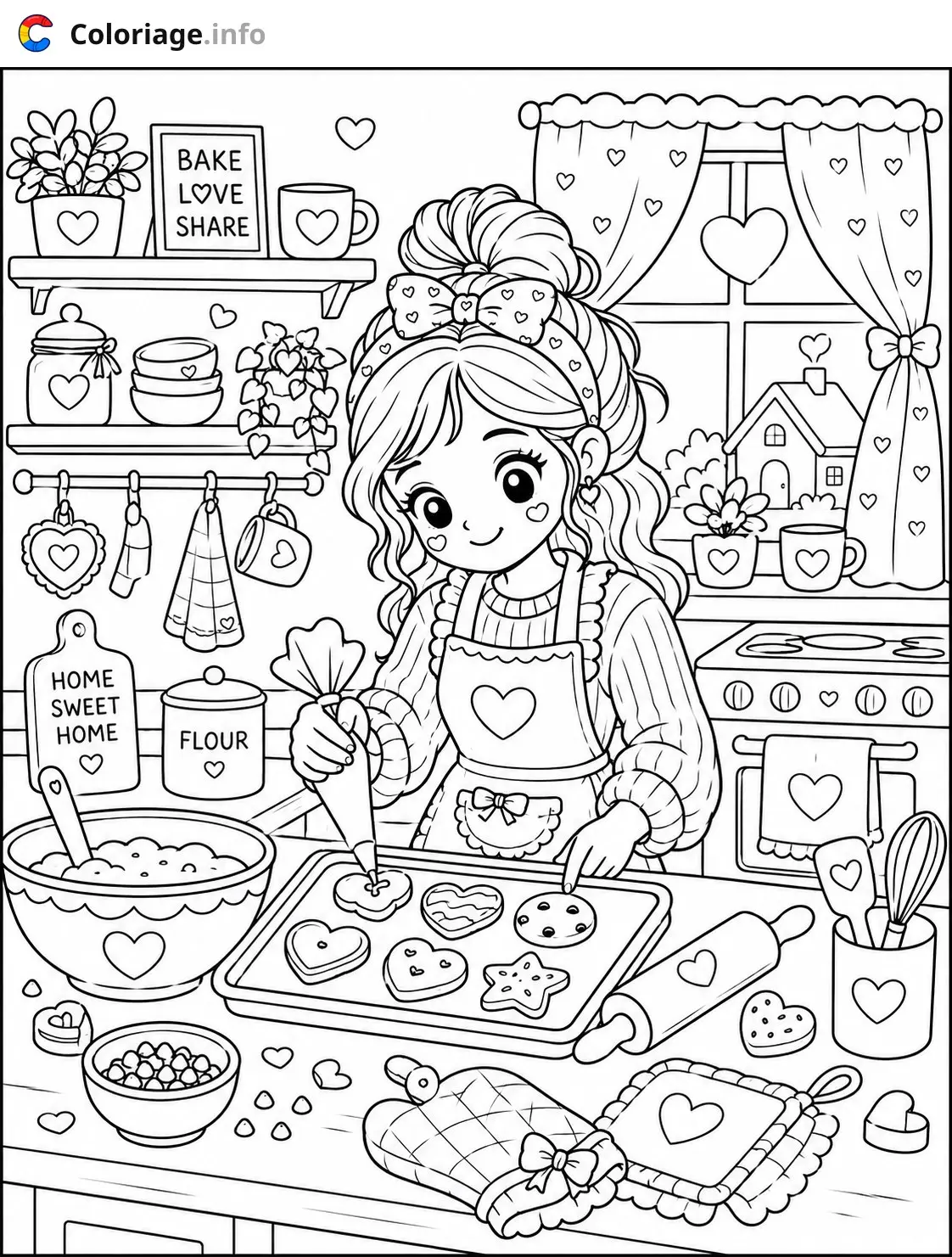 Coloriage La petite boulangère amoureuse cozy - Cozy à imprimer