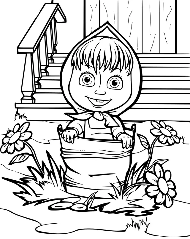 Coloriage La Petite Fille Masha Est Dans Un Seau - Masha et michka à imprimer