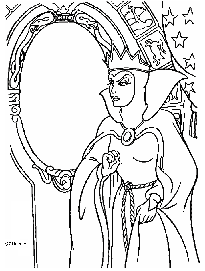 The Evil Queen at Her Magic Mirror coloring page to print