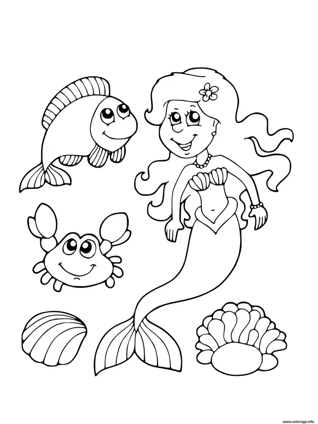 The Mermaid and Her Ocean Friends: Fish and Crab coloring page to print