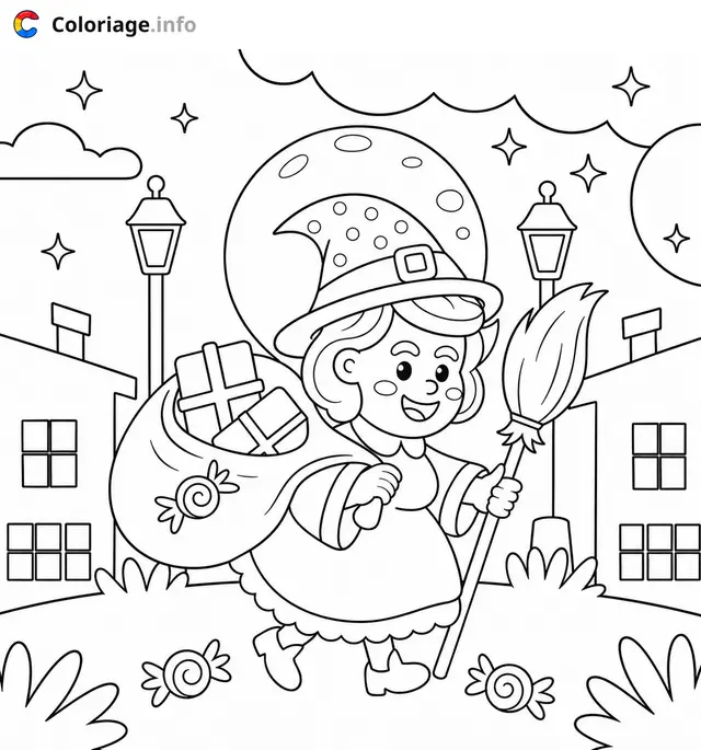 Desenho de A bruxa e seus presentes mágicos para colorir