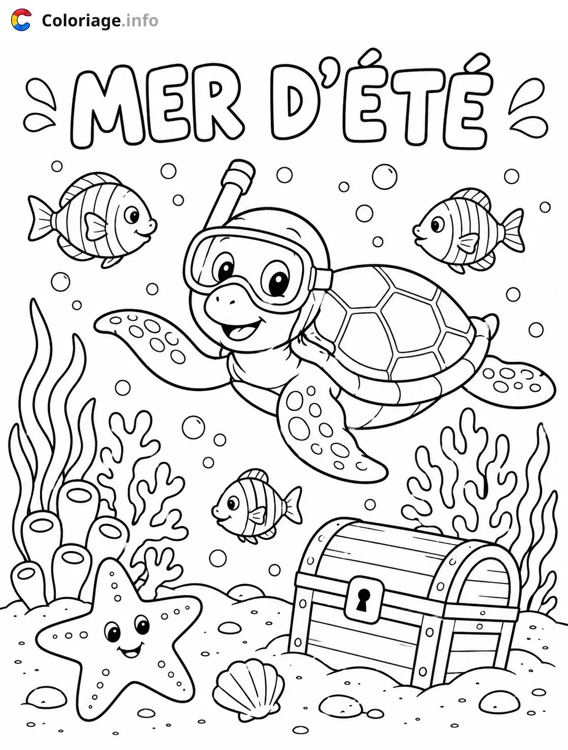 Coloriage La tortue explore l'océan - Été à imprimer