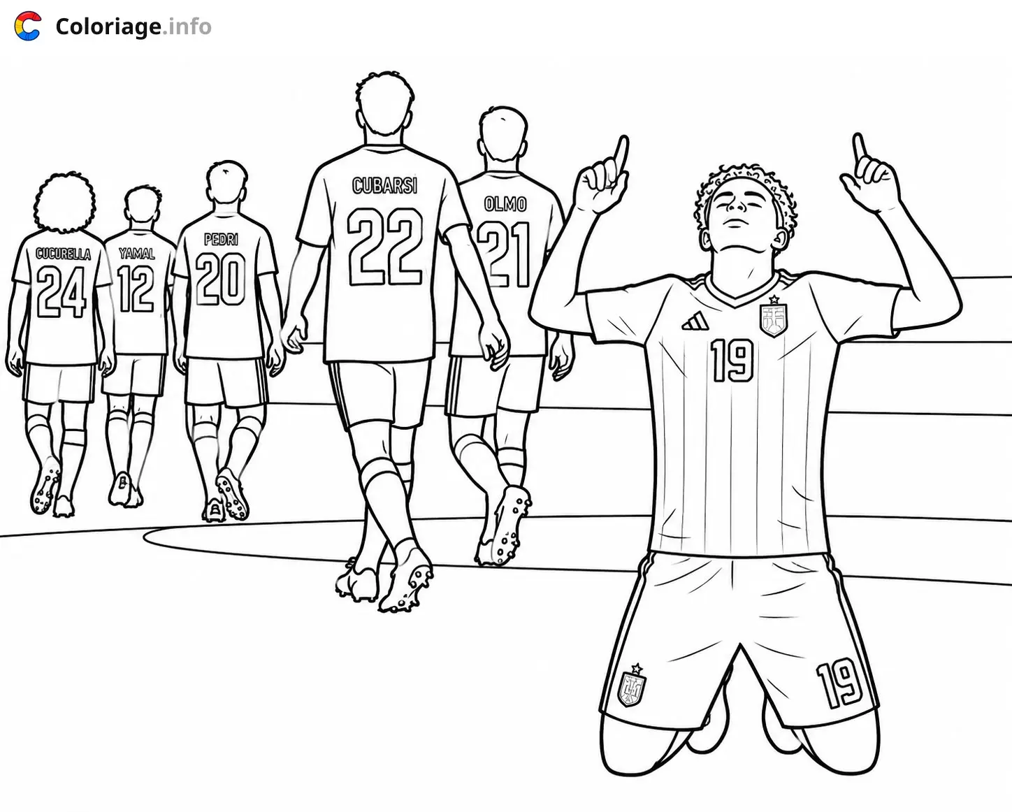 Coloriage Lamine Yamal et Équipe de football Espagne célébrant la victoire - Lamine Yamal à imprimer