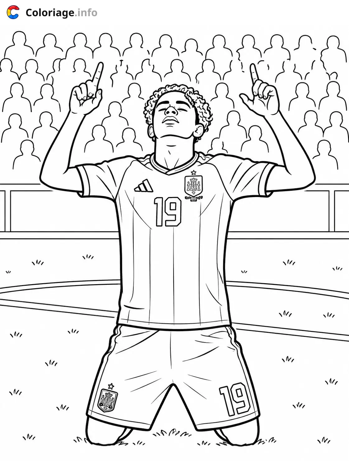 Coloriage Lamine Yamal Joueur de football célébrant un but - Lamine Yamal à imprimer