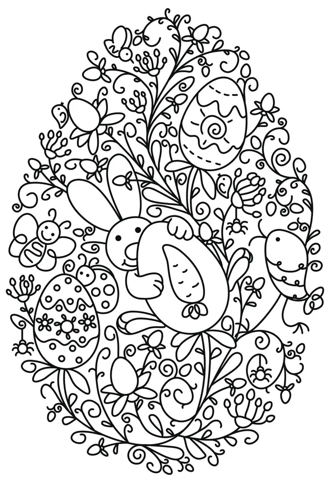 Coloriage Lapin Et Œuf De Pâques Fleurs Adulte - Pâques à imprimer