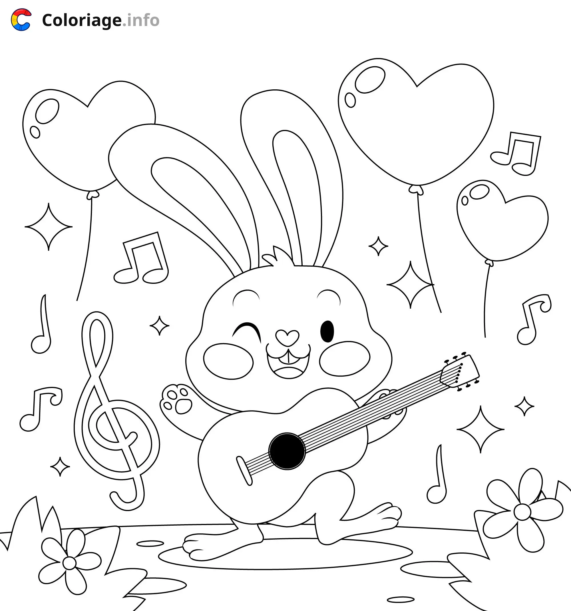 Coloriage Lapin musicien avec guitare - Musique à imprimer