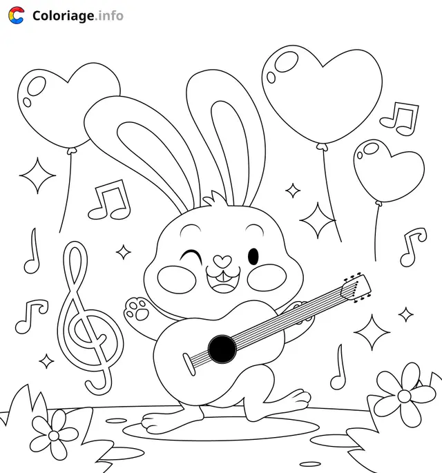 Coloriage Lapin musicien avec guitare - Musique à imprimer