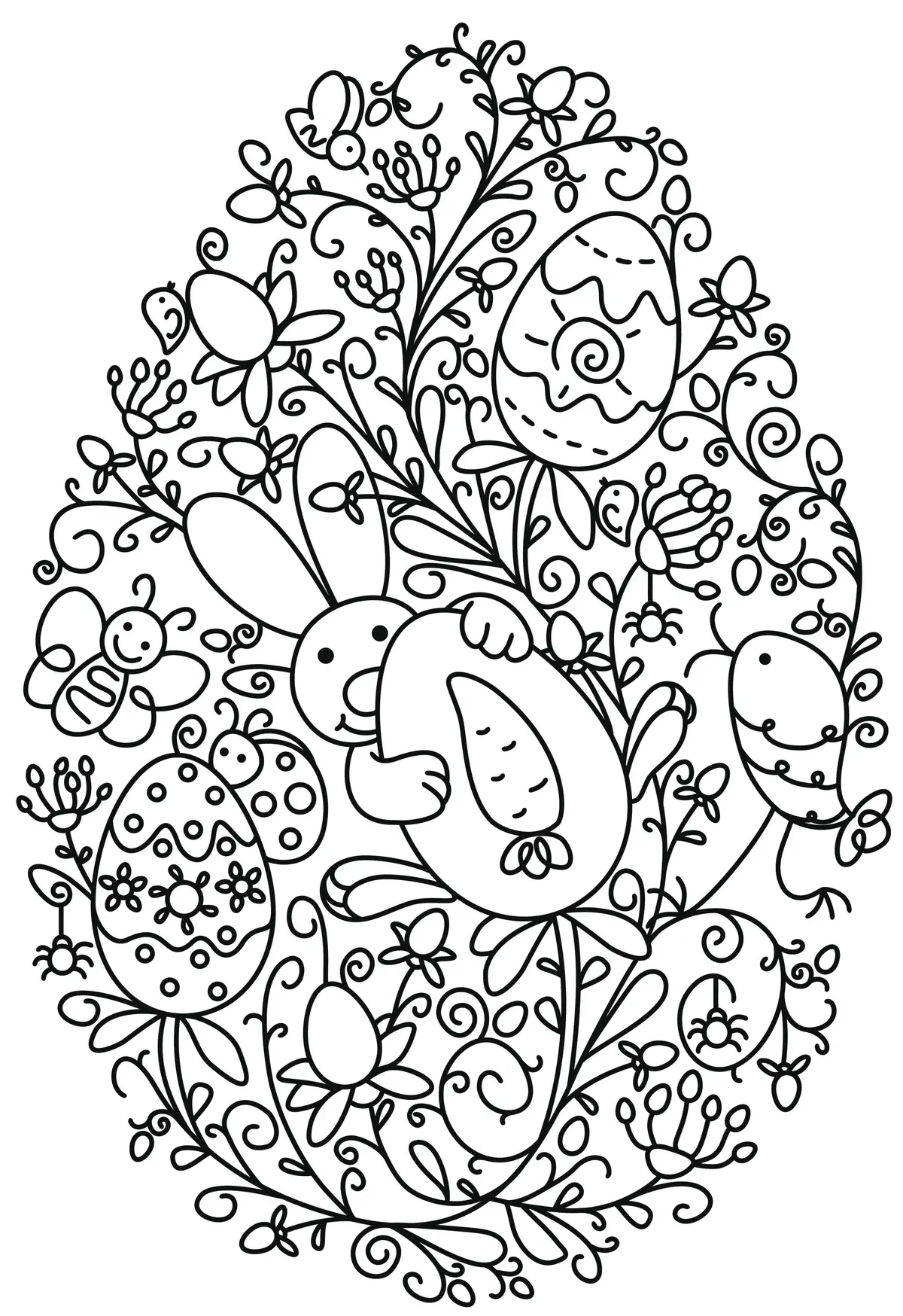 Coloriage Lapin Œufs De Pâques Et Fleurs - Pâques à imprimer
