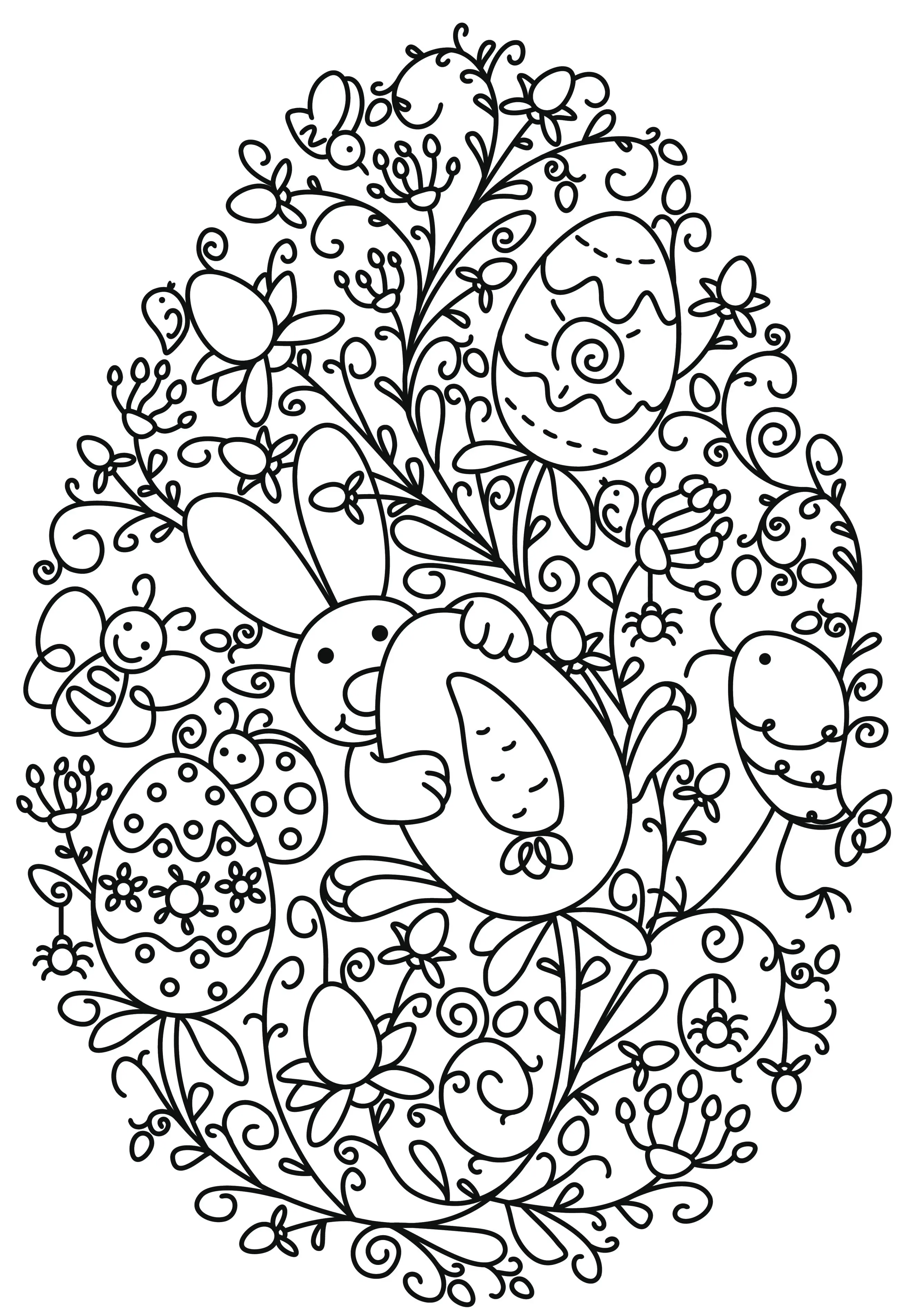 Coloriage Lapin Œufs De Pâques Et Fleurs - Pâques à imprimer