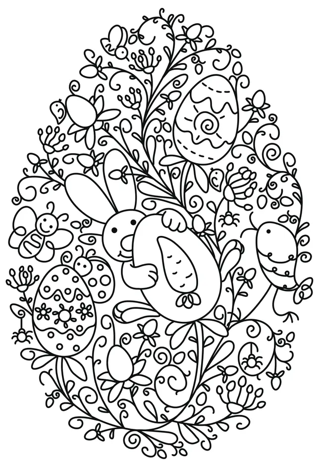 Coloriage Lapin Œufs De Pâques Et Fleurs - Pâques à imprimer