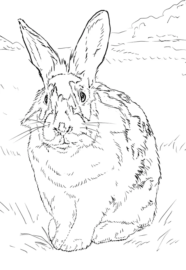 Coloriage Lapin Relaiste Dans Un Environnement Naturel - Lapin à imprimer