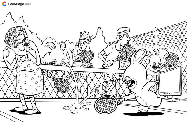 Coloriage Lapins Crétins jouent au tennis - Tennis à imprimer
