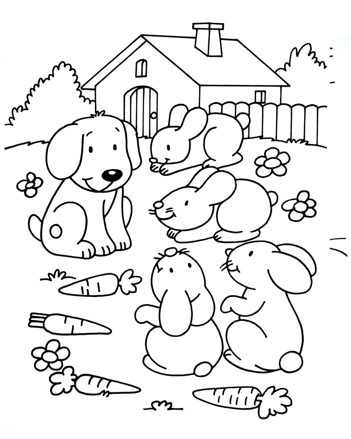 Disegno di Conigli in compagnia del cane da stampare