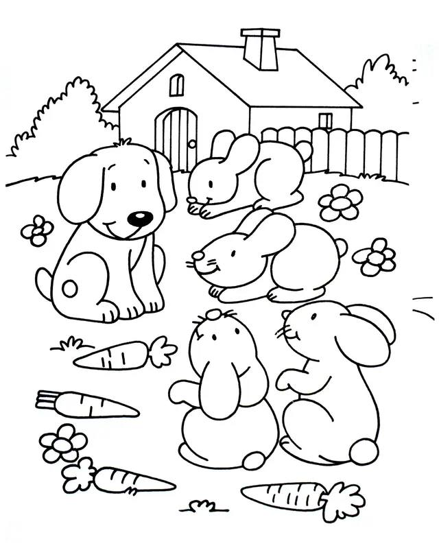 Coloriage Lapins En Compagnie Du Chien - Lapin à imprimer
