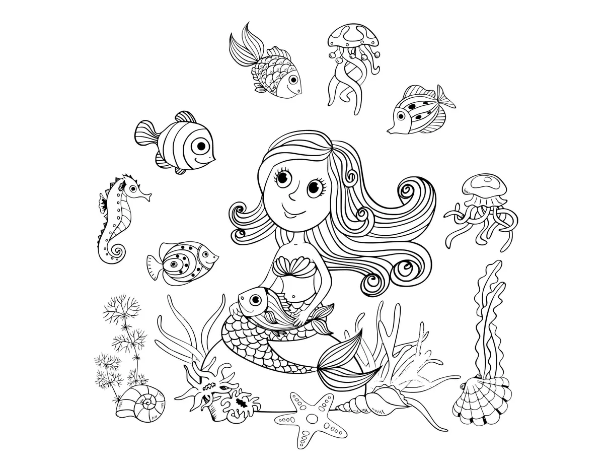 Coloriage Le Monde Aquatique Avec Une Sirène - Sirène à imprimer
