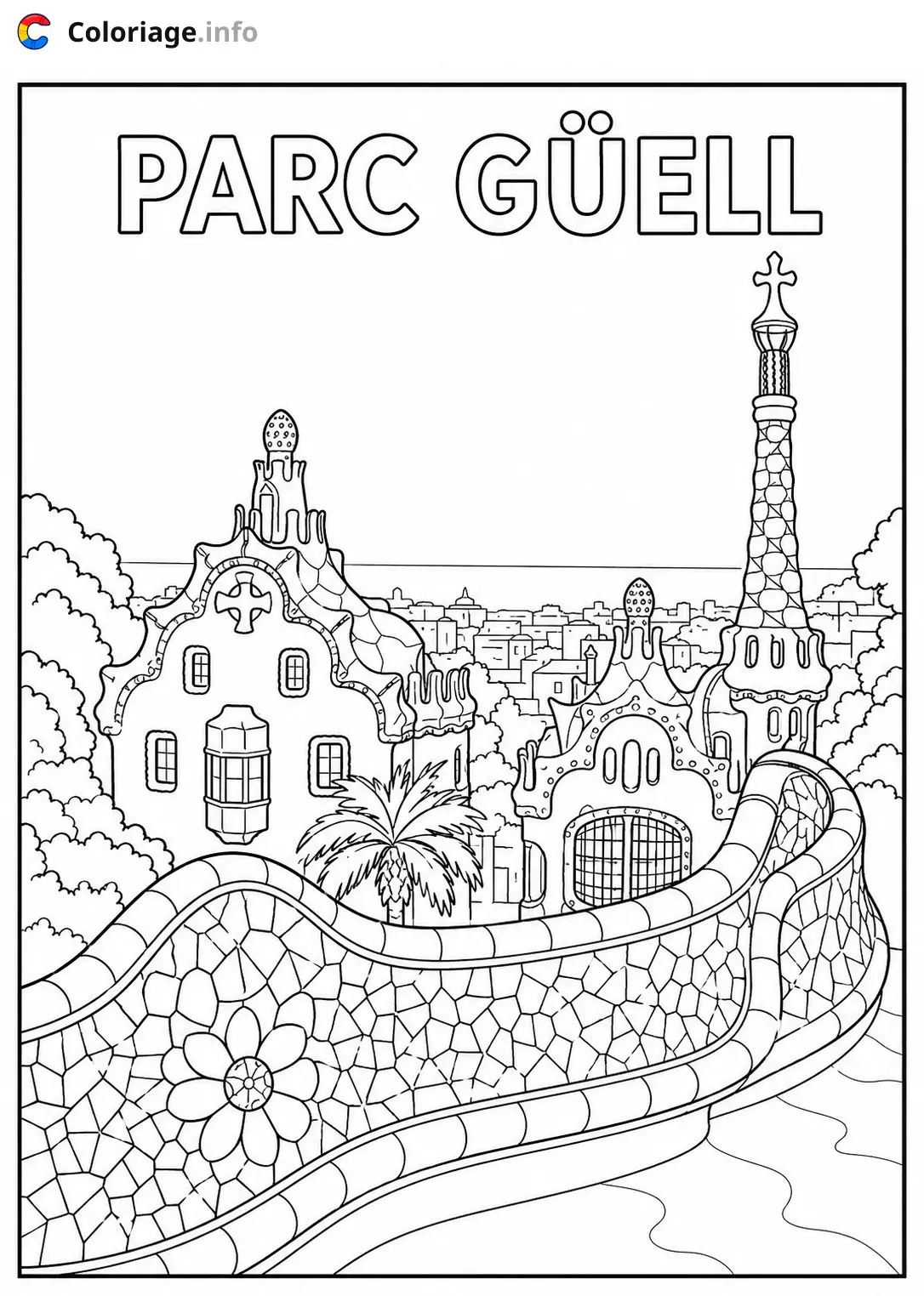 Kleurplaat Park Güell van Gaudí Spanje om te printen