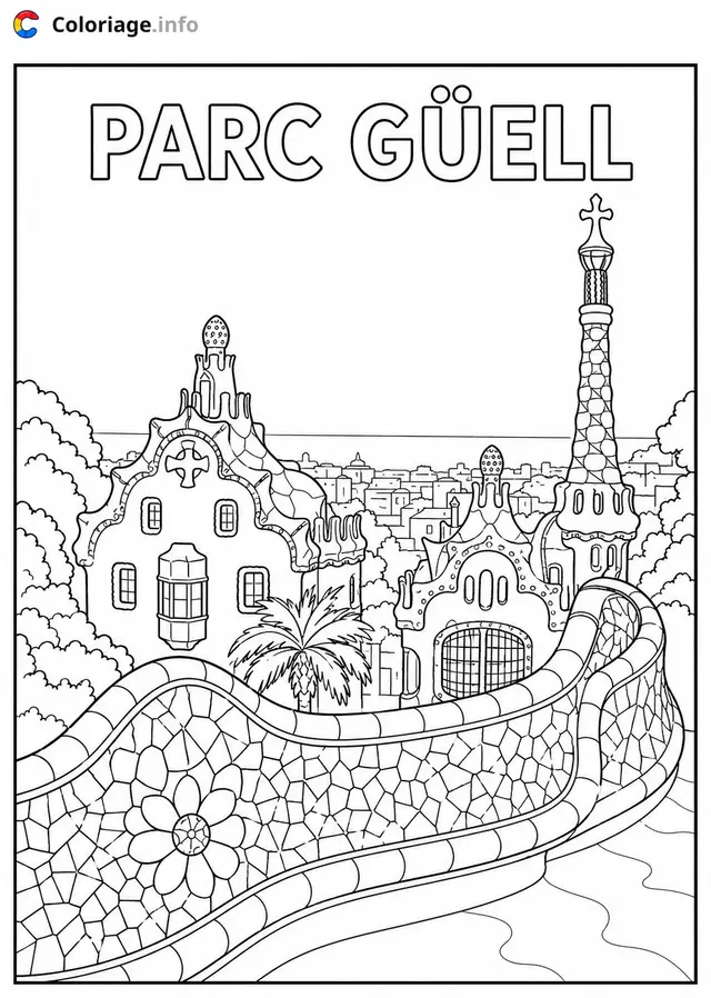 Coloriage Le Parc Güell de Gaudí Espagne - Monuments à imprimer